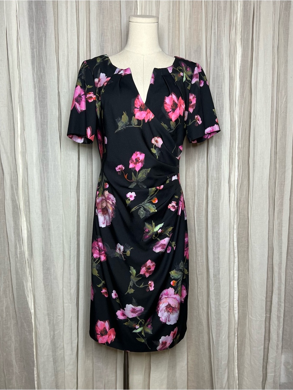 Adrianna Papell Black Floral Side Drape Sheath Dress - Picture 2 of 6